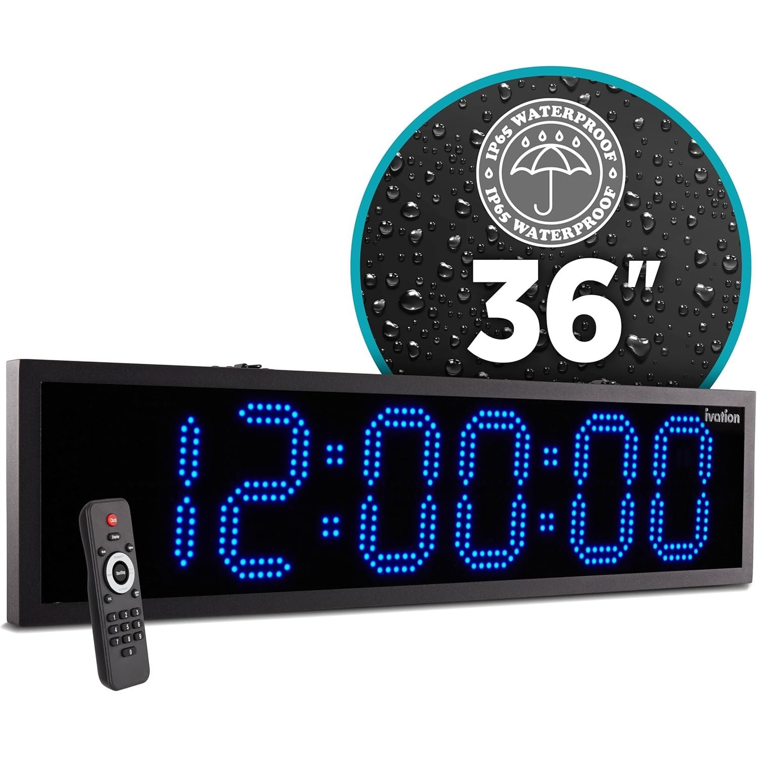 ivation 36" Waterproof Large Digital Clock Outdoor Large LED Clock with Stopwatch, Alarms & More - Blue